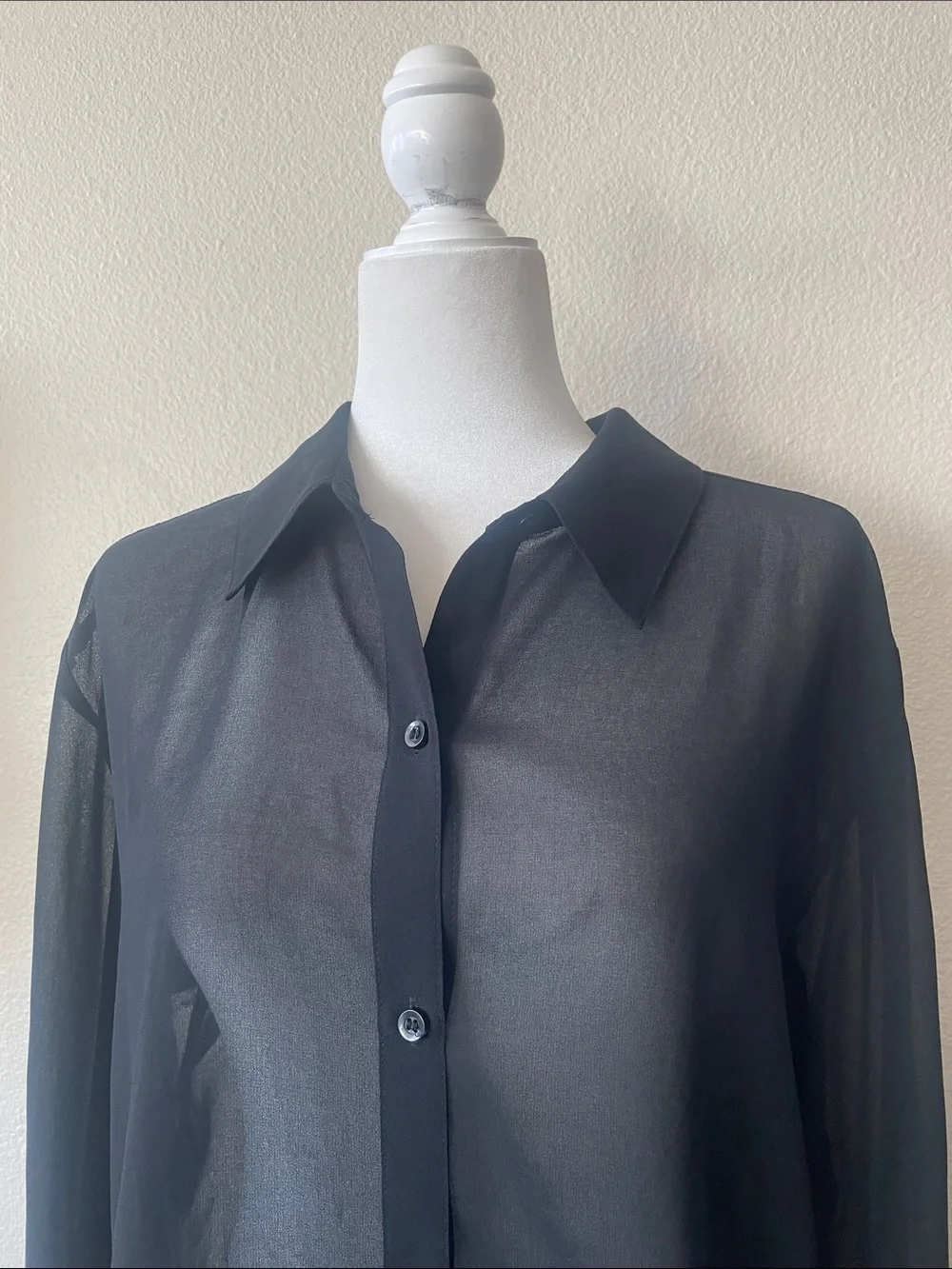 Open Edit Black Sheer Button Front Long Sleeve Blouse Size M Office Minimalist